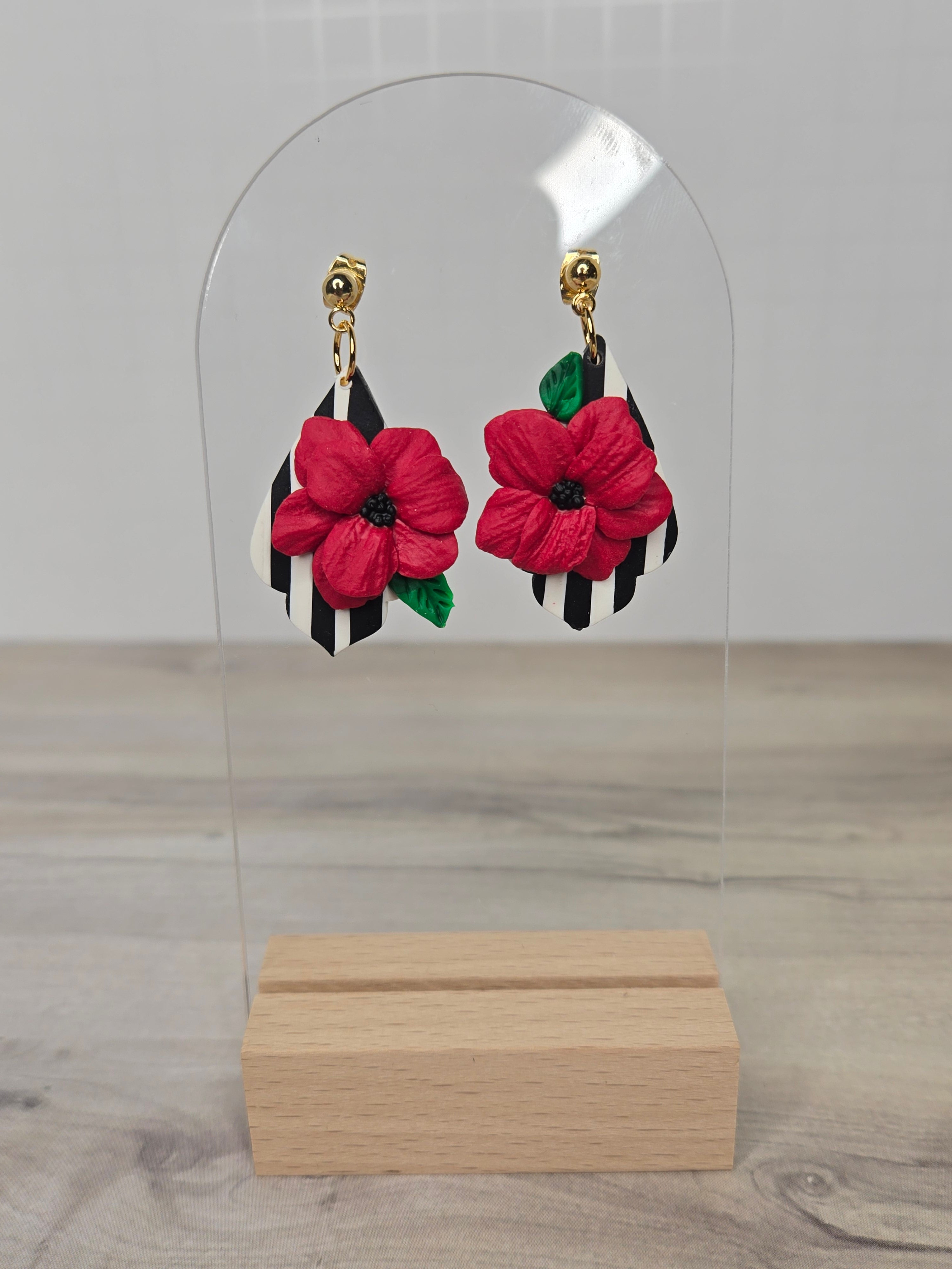 Red Flower on B&W Dangles