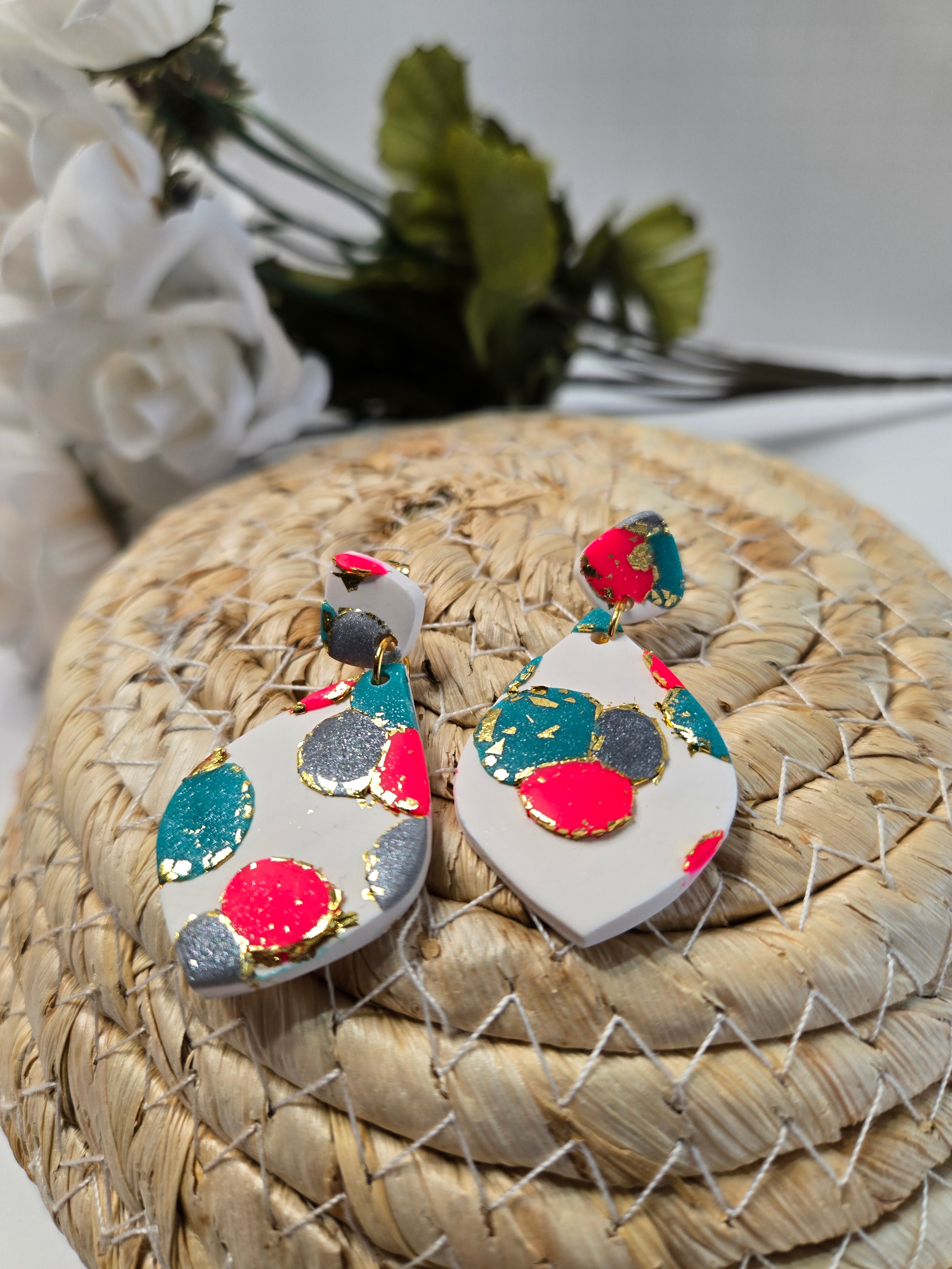 Pink Teal and Gray Polka Dot Dangles